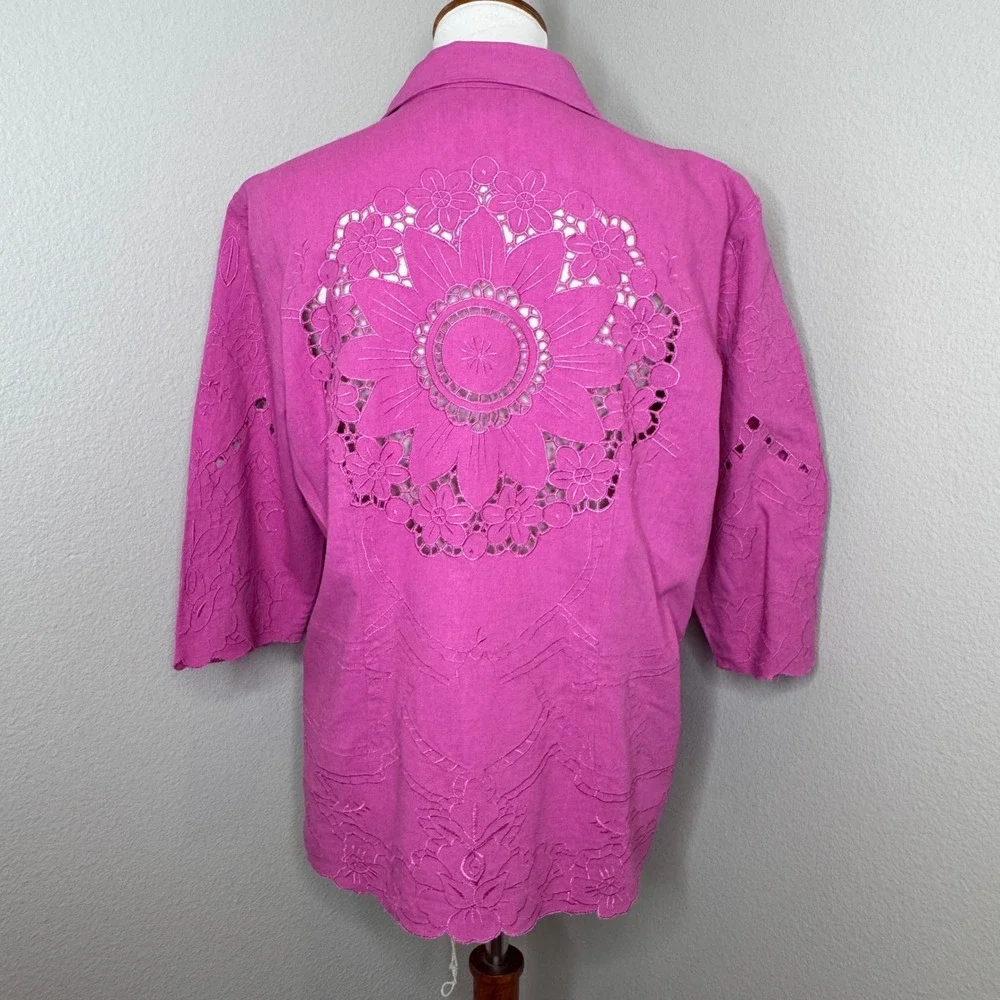 SUSAN GRAVER Cutout Embroidered Top &‎ Matching Tank Set MED Pink Linen Blend